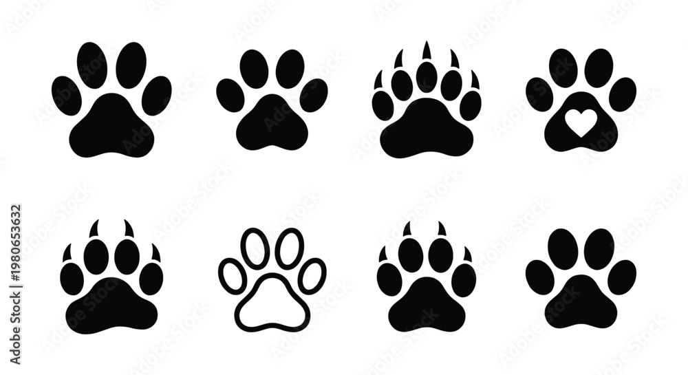 Fototapeta premium Animal paw print icons set, black silhouette of dog and cat footprints, wild bear and wolf claw marks, 8 vector elements for pet shop branding