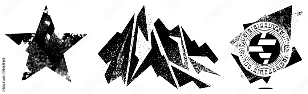 Obraz premium Stylized abstract emblems featuring star, mountain, and circular motifs with halftone, vector graphic, design, modern emblem set.