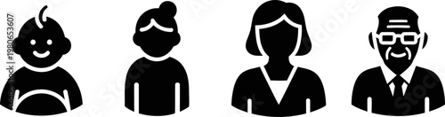 Generational Life Stages Icon Set Representing Human Aging from Infancy to Seniorhood