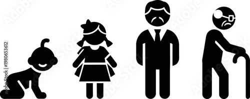 Human Life Cycle Evolution Vector Icons Representing Aging Stages from Infancy to Seniority