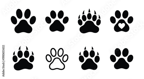 Animal paw print icons set, black silhouette of dog and cat footprints, wild bear and wolf claw marks, 8 vector elements for pet shop branding