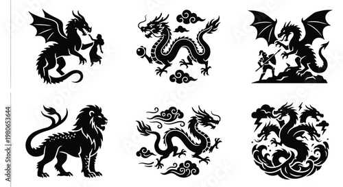 Mythical dragon and lion silhouettes, set of 6 fantasy creature icons, medieval beast vector graphics for gaming and heraldry