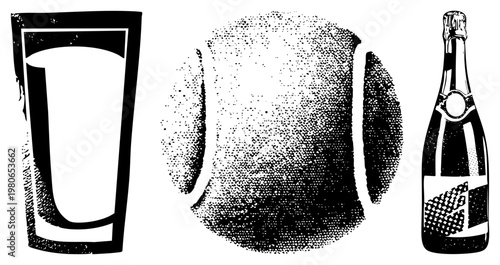 Retro styled halftone illustrations of drinking glass, water pitcher, and champagne bottle, vector art, classic print aesthetic, isolated beverage.