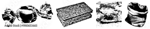 Wrapped candy foil, porous bread loaf, grainy sack fabric, halftone texture, isolated objects, vector cutout, rgba background.