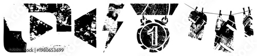 Distressed black including play button, lightning bolt, first place medal, and hanging laundry, gritty texture, vector design, isolated symbols, stylized graphics.