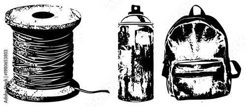 Classic thread spool, spray paint can, and backpack in gritty black and white vector style, urban art tools, street culture gear, graphic design assets.