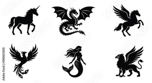 Mythical creatures silhouette collection, 6 fantasy beast vector icons, black dragon unicorn phoenix and mermaid set, heraldic griffin and pegasus symbols