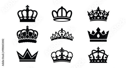 Royal crown vector icons set, black heraldic tiara and diadem silhouettes, 9 elegant monarch headwear symbols for luxury branding