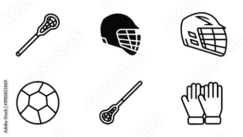 Lacrosse Essentials: A minimalist design showcases a collection of essential lacrosse equipment, perfect for sports enthusiasts and instructional content.