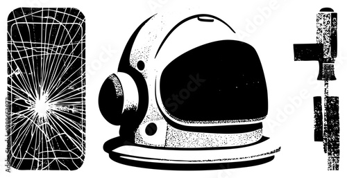 Space helmet, astronaut gear, cracked smartphone, space tool, sci fi equipment, black and white vector, halftone texture, isolated foreground.