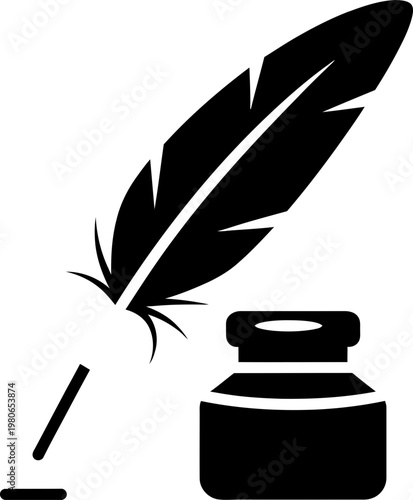 Minimalist Black Silhouette of Feather Quill Pen and Inkwell Icon  for Calligraphy and Literature Design
