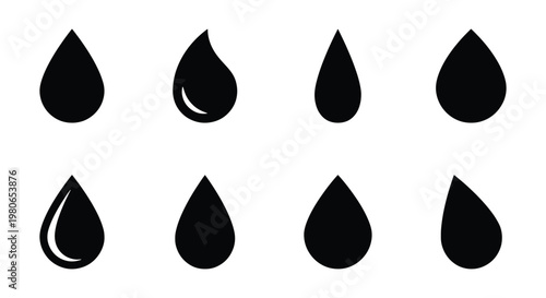 Minimalist water drop icons set, black liquid droplet vector collection, 8 simple rain and oil drop silhouettes for web design and infographics