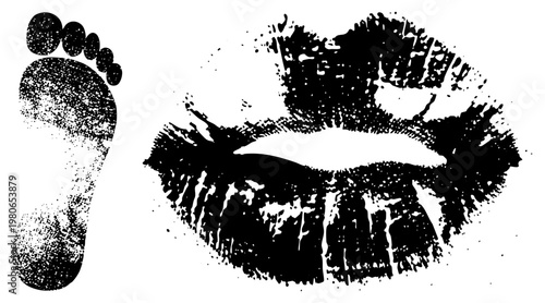 Stylized foot and lips rendered in halftone dot, graphic design elements, vector illustration, black and white stencil art, isolated symbols.