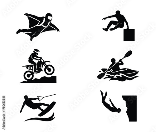 Extreme sports silhouette icons set, black vector graphics of wingsuit flying and motocross, parkour and kayaking adventure symbols