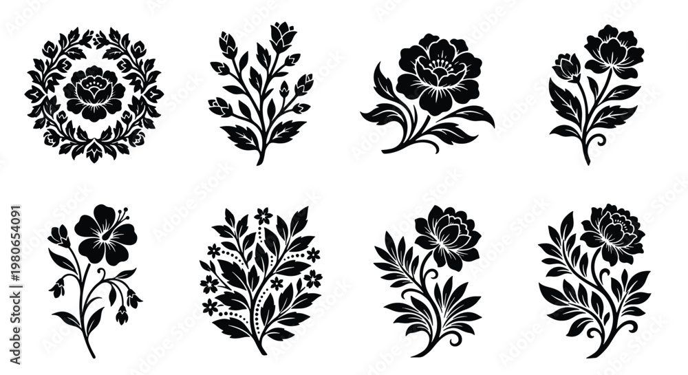 Obraz premium Vintage floral silhouette collection, set of 8 black flower vector icons, elegant botanical motifs for wedding invitations and logo design