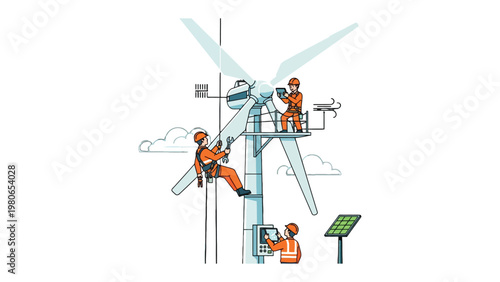 Wind Turbine Maintenance: Dedicated technicians diligently work to maintain a towering wind turbine, ensuring the efficient generation of clean energy
