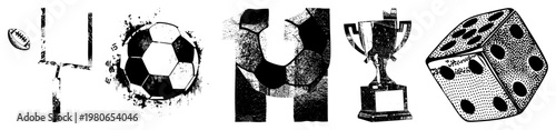 Vector sports symbols American football, soccer ball, trophy, die stylized halftone graphics, isolated game elements, athletic, competitive symbols.