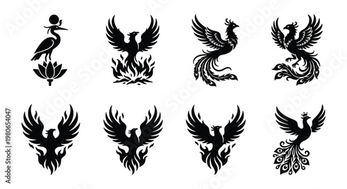 Mythical phoenix bird silhouettes set, 8 black firebird icons and Egyptian heron symbols, tribal phoenix rising from flames vector graphics