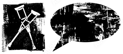 Stylized crutches with speech bubble, graphic, medical symbol, communication, distressed texture, vector illustration, accessibility design.