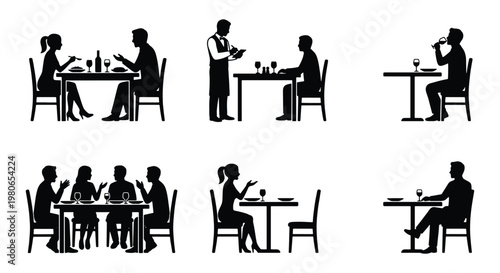 Restaurant dining silhouettes set, people eating at cafe tables, waiter serving customers in bistro, black vector icons of dinner and lunch scenes