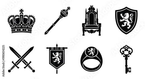 Medieval royal icons set, black heraldic symbols with crown and throne, 8 vector elements featuring lion shield and crossed swords for coat of arms