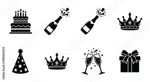 Celebration party icon set with 8 black vector elements, birthday cake and champagne bottle icons, royal crown and gift box symbols for events