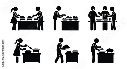 Buffet food service stick figure icons, people serving themselves at a self-service banquet, catering event silhouettes, restaurant dining set
