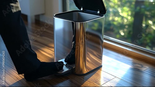 Person using a foot pedal to open a modern trash can by a sunny window