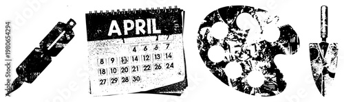 Grunge style April calendar, artist palette, pen, trowel tools for planning, art, and construction, vector.