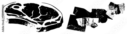 Black and white stylized steak with marbled fat, raw meat texture, graphic meat cut, butchered portion, culinary illustration, vector food art.