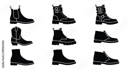 Black leather boots icon set, 9 footwear vector silhouettes, men and women fashion boot collection, combat and chelsea boot styles for retail