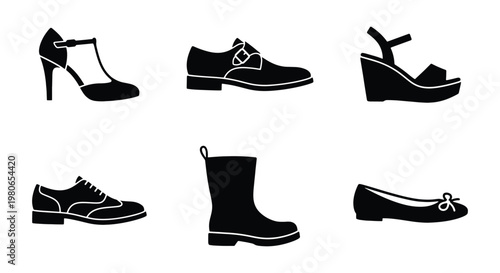 Black footwear silhouette icons set, collection of 6 shoes including high heels, boots, and dress shoes, flat fashion vector illustrations for retail