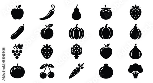Minimalist fruit and vegetable icons set, 20 black solid vector silhouettes, organic food symbols for grocery and restaurant branding