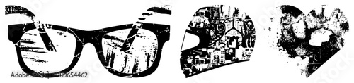 Retro sunglasses with cracked lens texture, motorcycle helmet filled with cityscape collage, heart shape with grunge overlay all in high contrast black and white vector art.