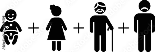 Conceptual Illustration of Human Life Stages from Infancy to Seniority with Silhouette Icons