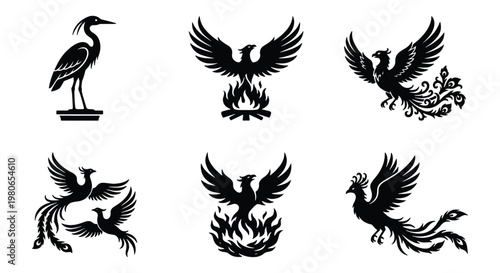 Mythical phoenix bird silhouettes set, black fire bird icons collection, 6 vector heraldic eagle and heron symbols for logo design