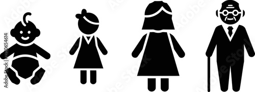 Human Life Stages Icon Set: From Infancy to Old Age Silhouette Illustrations