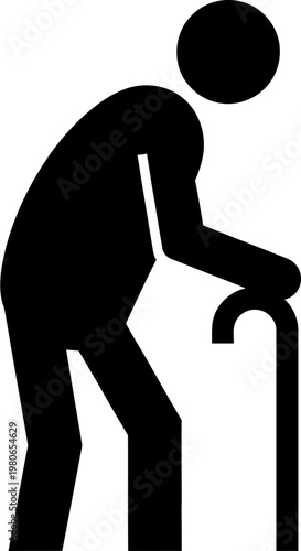Elderly Person Icon with Walking Cane Silhouette for Healthcare and Senior Support Services