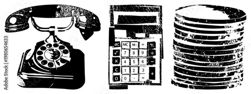 Retro rotary telephone, classic calculator, stacked coins all in gritty black and white vector style, ideal for financial or tech nostalgia themes.