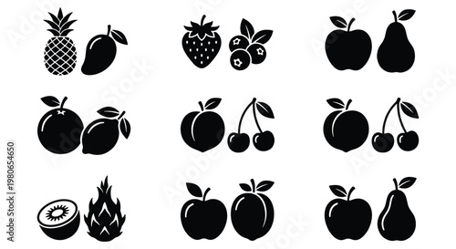 Minimalist fruit icon set, black silhouette organic food symbols, collection of 18 flat vector fruit illustrations for grocery and menu design