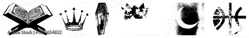 Religious symbols including Quran, crown, coffin, moon, and abstract emblem, isolated vector, design, symbolic.
