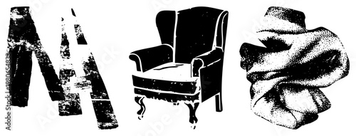 Classic wingback armchair with rolled arms and carved legs, paired with distressed typography and crumpled textile, halftone vector style.