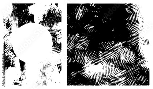 Black and white halftone stylized face, graphic portrait, vector art, textured contrast, abstract expression, art rendering, digital illustration.