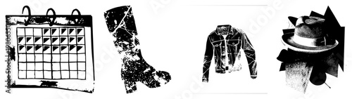 Four retro styled items calendar grid, muddy rainboot, denim jacket, fedora hat, all in distressed vector art,, gritty texture.