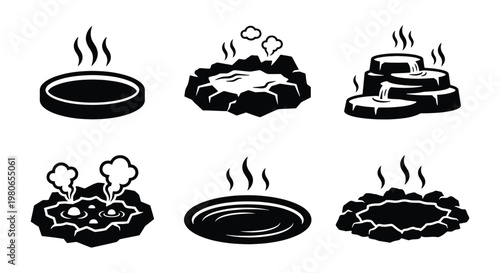 Hot spring icons set, black and white thermal bath vector illustrations, steaming volcanic geyser and mineral pool collection for spa and travel design