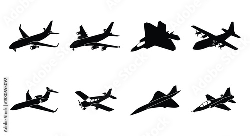 Black airplane silhouette set of 8 icons, commercial aircraft and military jet vector collection, aviation transport symbols on white background