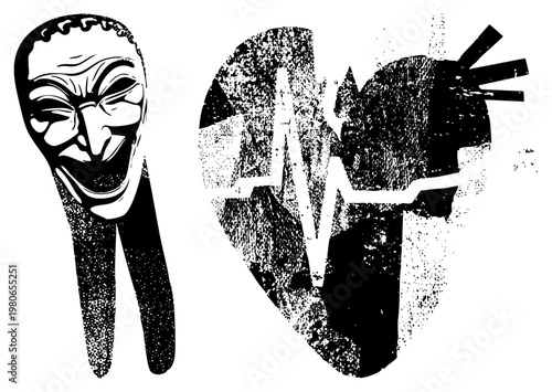 Guy mask symbolizing protest, broken heart with heartbeat, activist, digital rebellion, emotional distress, protest art, graphic design element.