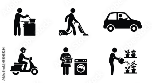 Household chores and daily routine icons set, black stick figure people performing domestic tasks, 6 vector silhouettes of lifestyle activities