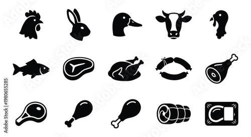 Meat and livestock icons set, butcher shop symbols collection, 15 black vector silhouettes of farm animals and poultry products for grocery menu