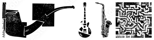 Grunge style black silhouettes of pipe, guitar, saxophone, and maze, textured with speckles, vector art, isolated, creative design elements.